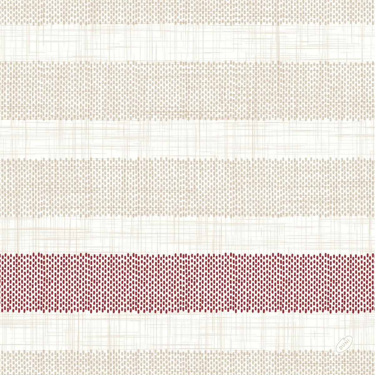 Os guardanapos Dunilin 40x40 cm, Rigato Bordeaux da Duni GmbH têm um fundo branco com listras horizontais bege claro e uma faixa de pontos vermelhos fortes na parte inferior. Embalagem com 45 guardanapos de alta qualidade - ideal para uma decoração de mesa elegante.