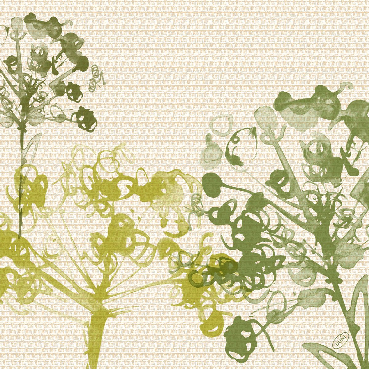Silhuetas botânicas verdes e amarelas em estilo aquarela adornam um fundo geométrico bege. Uma etiqueta redonda indica "guardanapos ecológicos". Produto: Guardanapos de celulose 40x40 Classic Green Umbles (50 guardanapos), Duni GmbH.