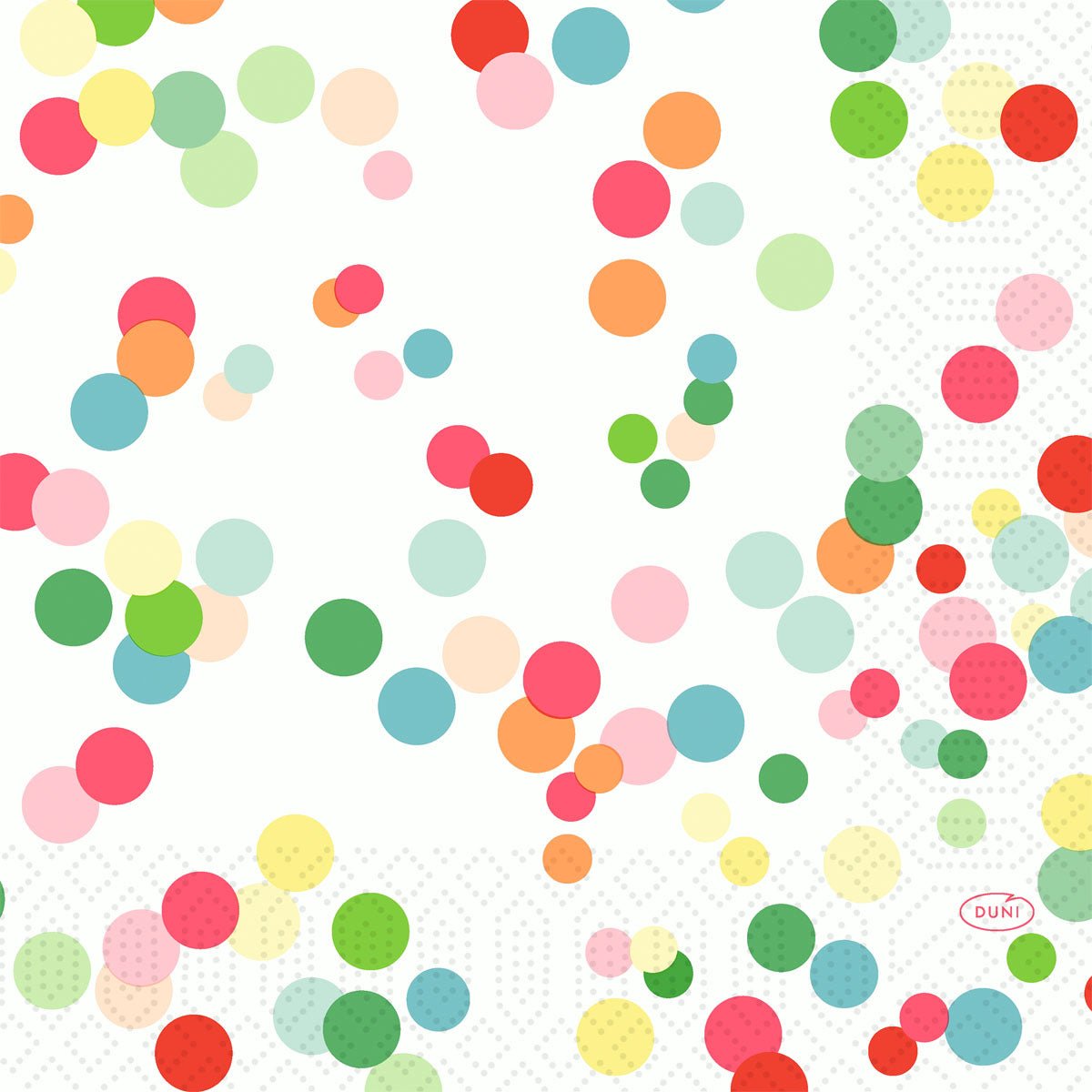 Estas guardanapos de papel 33x33 cm, de 3 camadas, Happy Bubbles da Duni GmbH mostram pontos coloridos sobrepostos em verde, vermelho, rosa, laranja e amarelo. Em cada embalagem de 50 guardanapos está impresso em vermelho "Duni" e sobreposto com uma grelha fraca.