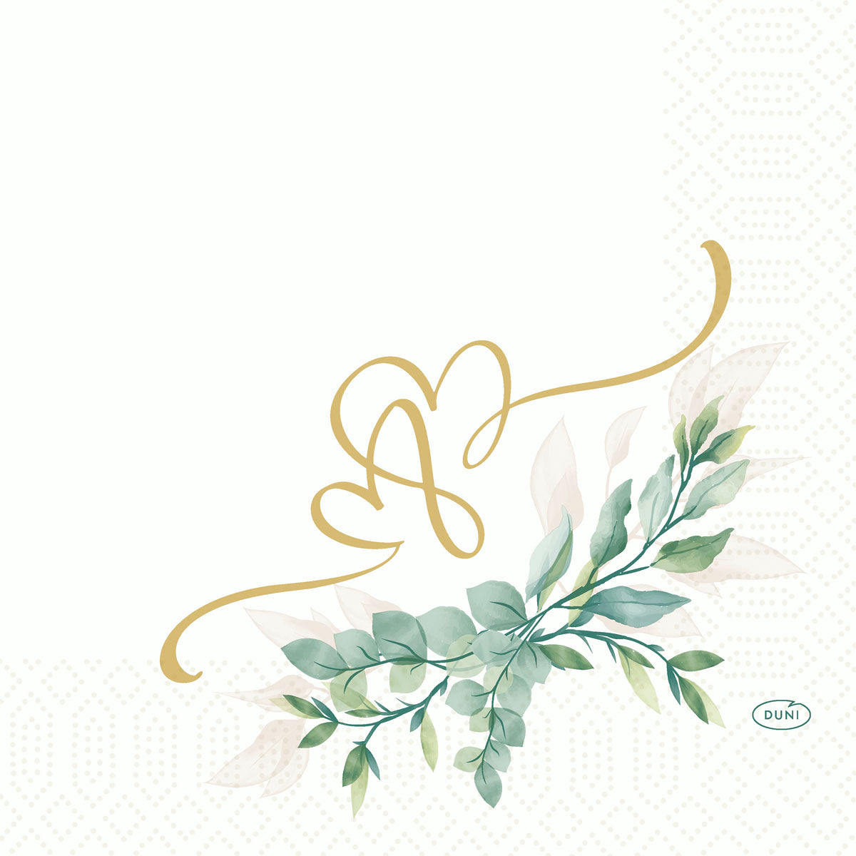 Ein goldenes kalligrafisches Herz über grünen Aquarellblättern ziert die untere rechte Seite dieser Duni GmbH Love Hearts Zellt.-Servietten 33x33 cm, 3-lagig (Packung mit 50), mit dezent gepunktetem weißen Hintergrund und dem Duni-Logo in der Ecke.