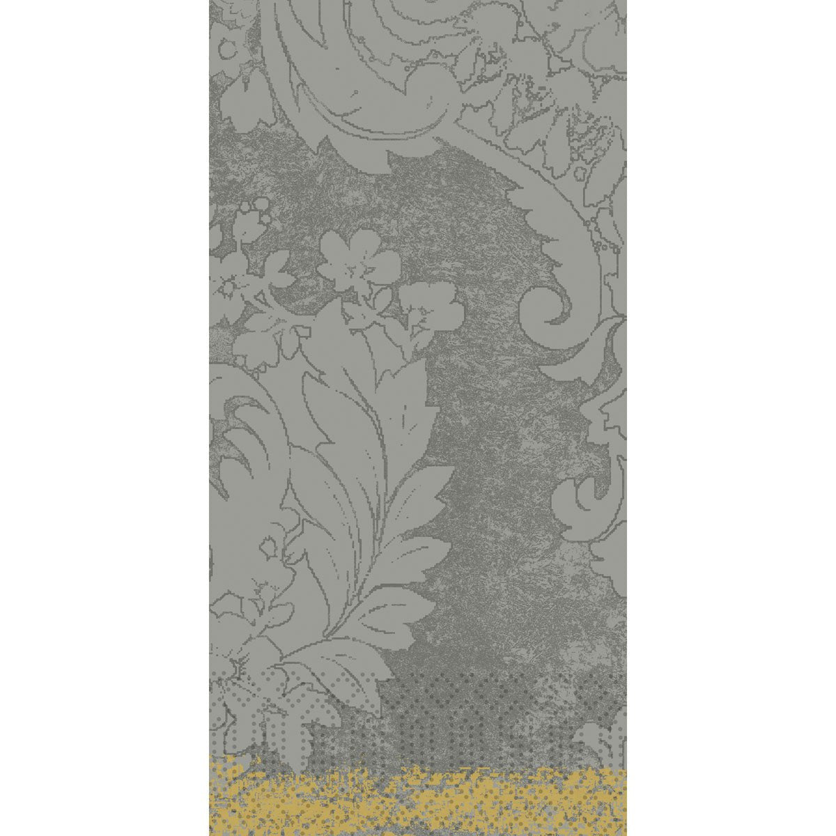 Os guardanapos de papel Die Zellt.-Serv.40x40 3lg 1/8 Royal gran.grey (pacote de 250) da Duni GmbH são decorados com um padrão artístico de flores e folhas cinza e uma borda pontilhada amarela, conferindo elegância a qualquer mesa posta.