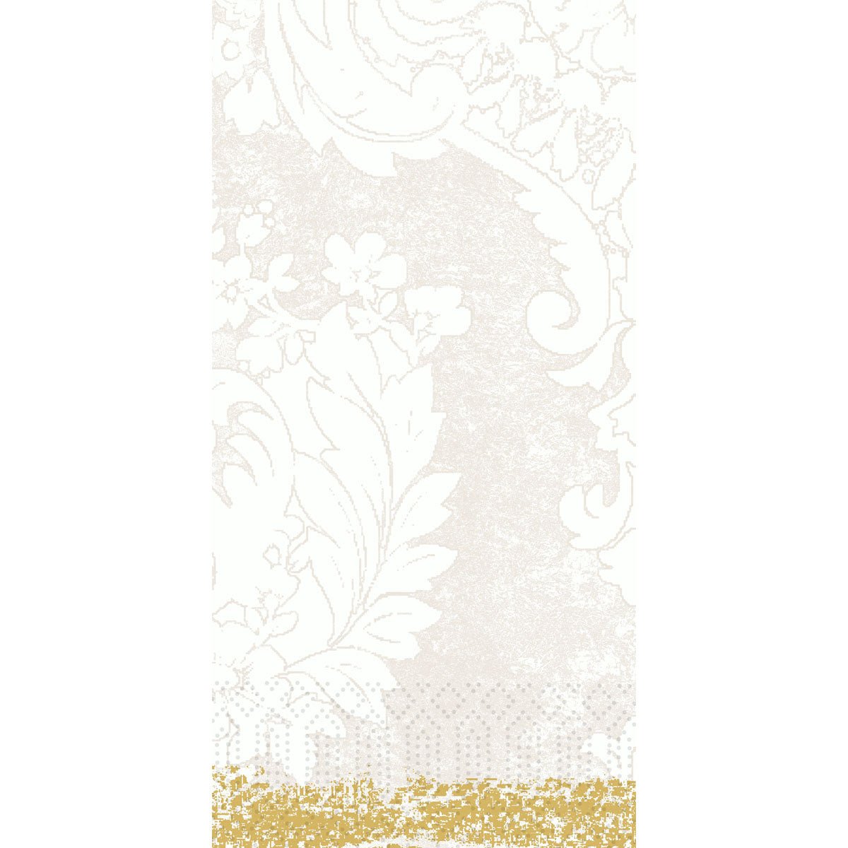 Um fundo branco estruturado com motivos discretos de flores e folhas e uma faixa dourada decorativa pixelada - ideal para apresentar os guardanapos de papel Duni GmbH Zellt.-Serv.40x40 3lg 1/8 Royal white (embalagem com 250 guardanapos) em uma moldura elegante.