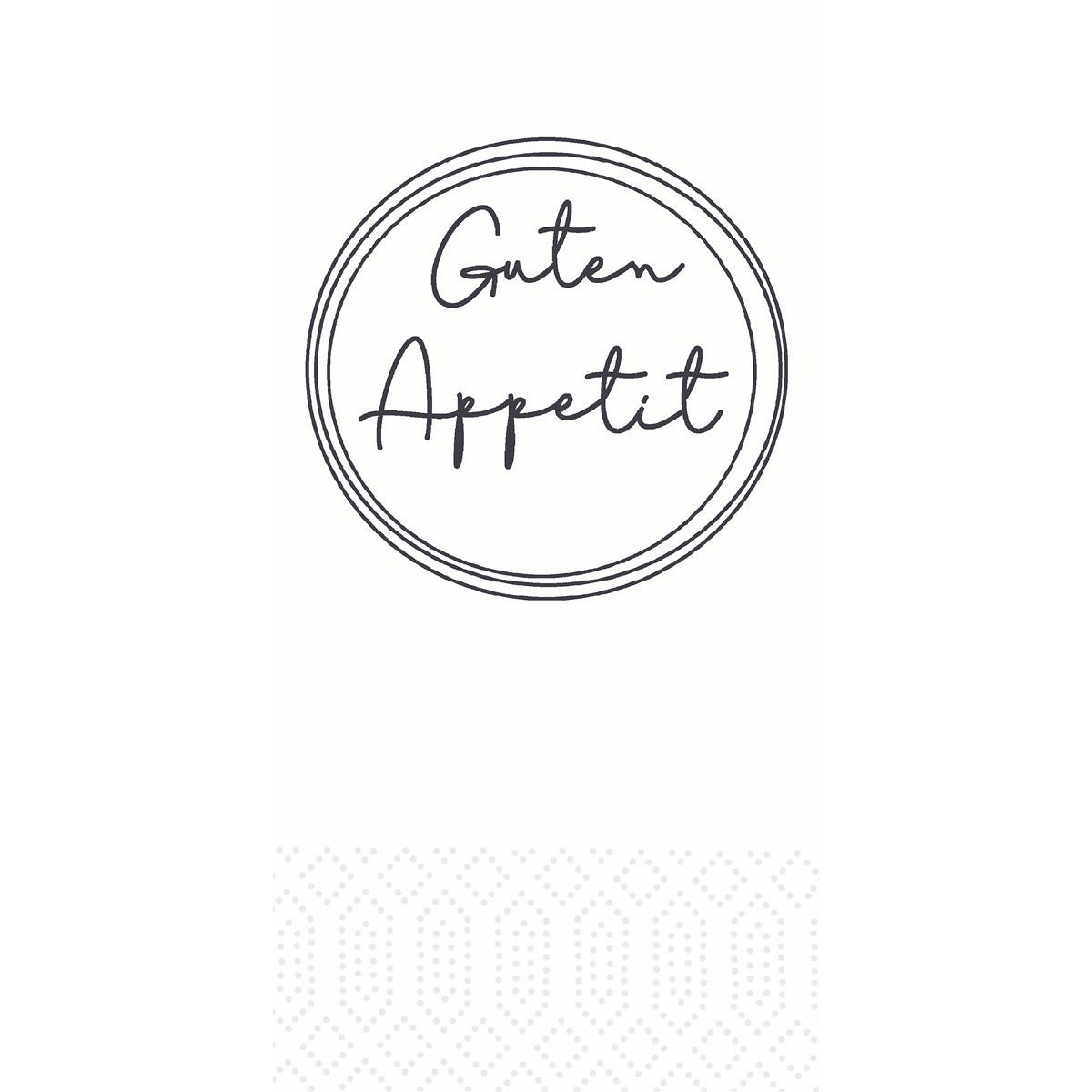 Um contorno circular preto emoldura o "Guten Appetit" manuscrito em branco, abaixo há um padrão discreto de pontos - ideal para guardanapos de papel de alta qualidade 33 cm 2 camadas 1/8 dobra Appetit branco da Duni GmbH (embalagem com 300 guardanapos).