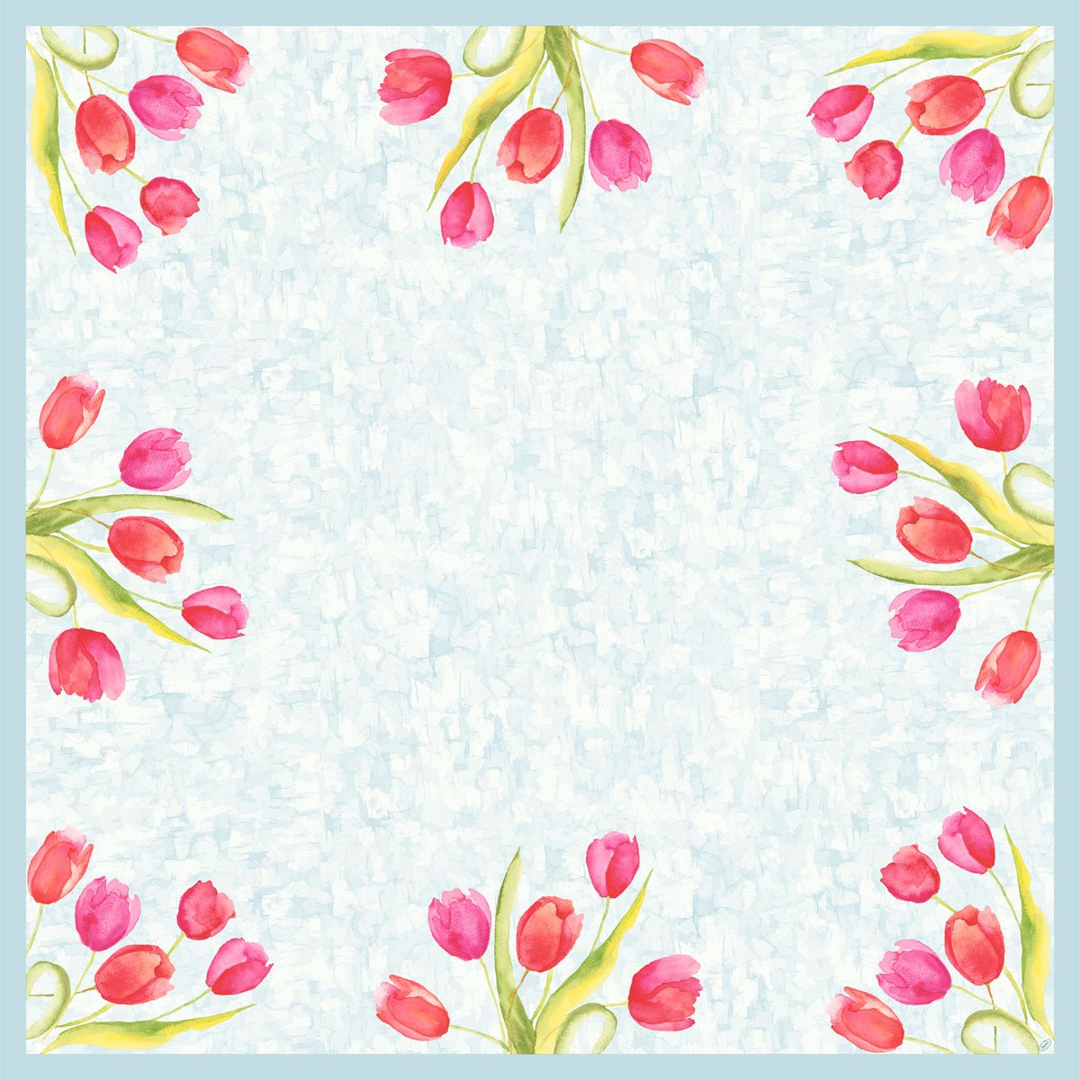 Tulipas rosa e vermelhas aquareladas com folhas verdes adornam os cantos deste centro de mesa Dunicel de 84x84 cm da Duni GmbH. O centro é de uma só cor, ideal para uso versátil. A embalagem contém 20 peças com motivos de tulipas pintadas.
