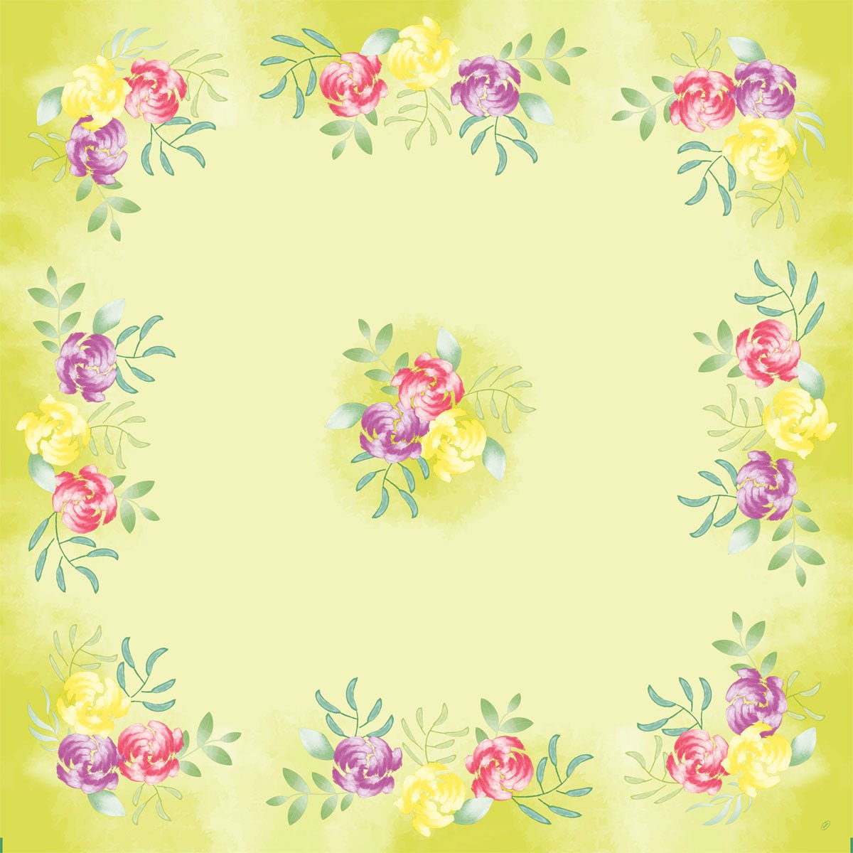 Imagem quadrada com fundo amarelo claro com flores em tons pastel e folhas verdes em estilo aquarela - ideal para a toalha de mesa da Duni GmbH Dunicel de 84x84cm Soft Tropics | Caixa (1 pacote).