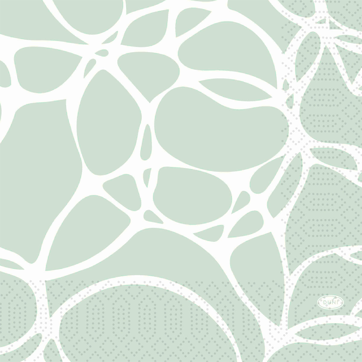 Abstraktes Design mit großen, unregelmäßigen weißen Formen auf hellgrünem Hintergrund und gepunkteten Mustern. "Duni" steht unten rechts - ideal für Duni GmbH Servietten 33 cm 3lagig 1/4-Falz Ocean Mint Papierservietten, Packung (250 Stück).