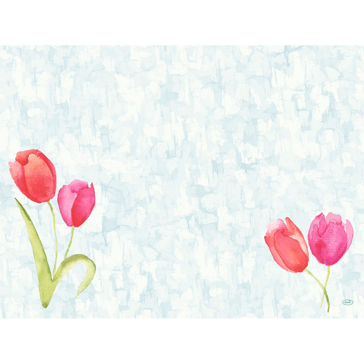 A ilustração em aquarela de quatro tulipas rosa em fundo azul claro adorna os conjuntos Bio-Dunicel 30x40 cm da Duni GmbH - conjuntos de mesa de alta qualidade (pacote com 100 peças) com espaço central livre, ideal para decoração de mesa elegante.