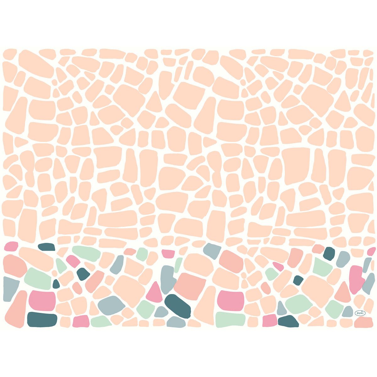 Os conjuntos Bio-Dunicel 30x40 Ocean Pebbles da Duni GmbH apresentam um design abstrato com formas de pêssego arredondadas e acentos rosa, verde, azul e cinza brilhantes sobre branco. Perfeito como conjuntos de mesa decorativos. Embalagem com 100 peças.
