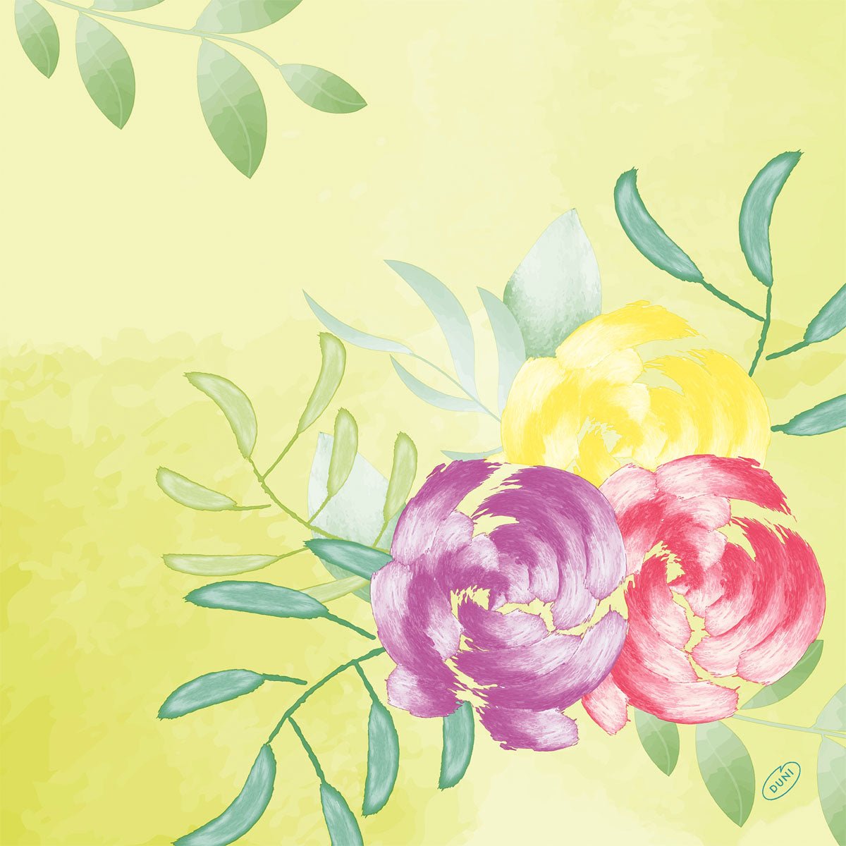 Uma ilustração em estilo aquarela com flores amarelas, lilás e rosa com folhas verdes em um fundo amarelo-esverdeado claro, perfeito para o guardanapo Bio-Dunisoft 40x40cm da Duni GmbH.