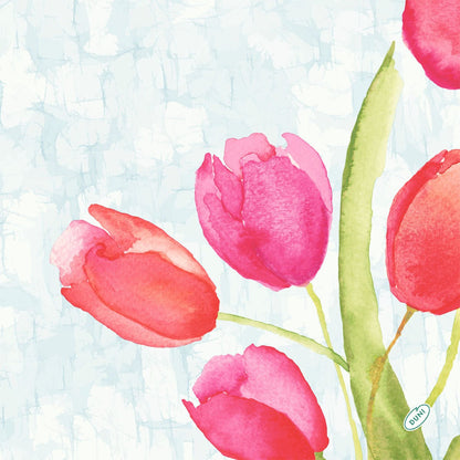 Ilustração em aquarela de quatro tulipas rosa e vermelhas com caules verdes em um fundo azul claro, perfeito para o guardanapo Bio-Dunisoft 40x40cm da Duni GmbH.