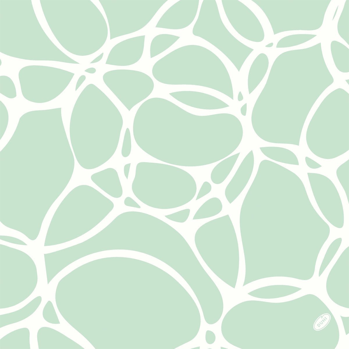 Padrão abstrato com formas brancas irregulares e interligadas em verde-claro, lembrando formas orgânicas e celulares - perfeito para o guardanapo Bio-Dunisoft da Duni GmbH. Pano de limpeza 40x40cm em algodão biológico ecológico.