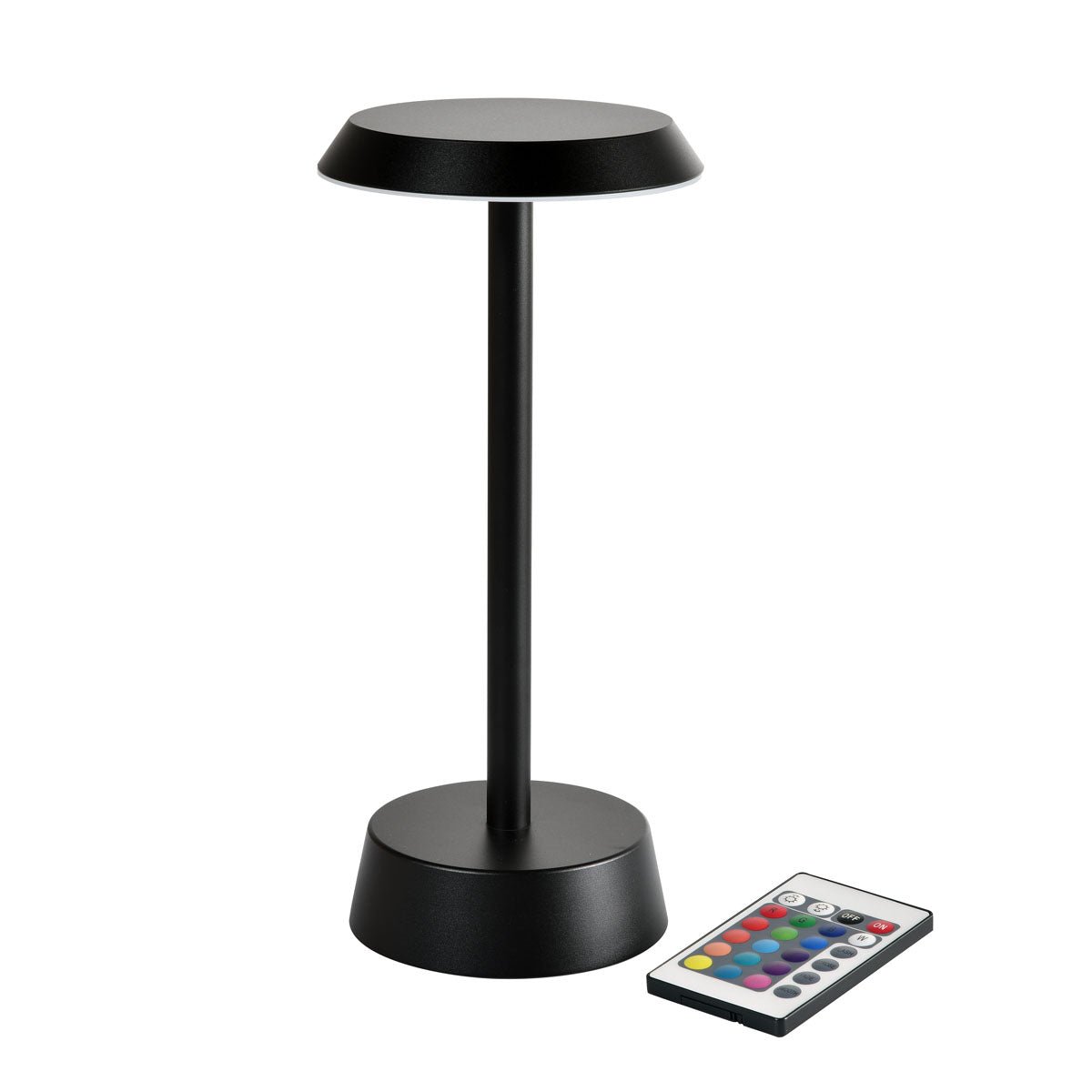 A lâmpada LED sem fios NOUR em grafite da Duni GmbH, com design moderno e base redonda, é mostrada ao lado de um controlo remoto com botões coloridos - perfeita para a decoração da sua sala de estar.