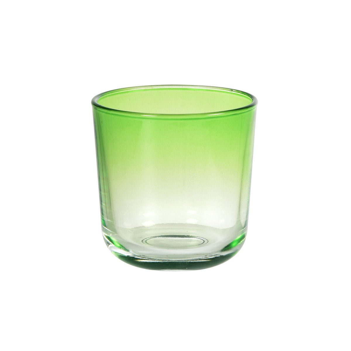O suporte para velas Switch & Shine de vidro da Duni GmbH, verde folha, 81x72,5 mm (1 peça), tem vidro verde na parte superior que se torna transparente em direção à base e está ilustrado contra um fundo branco simples.