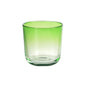 O suporte para velas Switch & Shine de vidro da Duni GmbH, verde folha, 81x72,5 mm (1 peça), tem vidro verde na parte superior que se torna transparente em direção à base e está ilustrado contra um fundo branco simples.