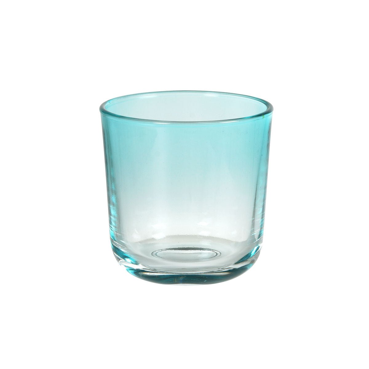 O castiçal Switch & Shine de vidro da Duni GmbH, em azul menta (81x72,5 mm), é mostrado com a sua base grossa diante de um fundo branco simples. Embalagem: 1 peça.