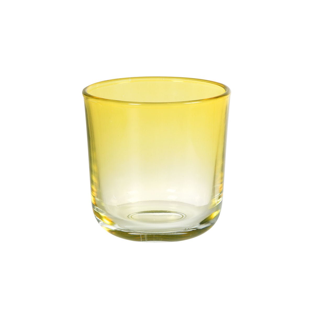 Um porta-velas Switch & Shine amarelo de vidro (81x72,5 mm) da Duni GmbH está sobre um fundo branco. O vidro de alta qualidade tem uma forma cilíndrica lisa e um fundo grosso - ideal para uso versátil. Embalagem: 1 peça.