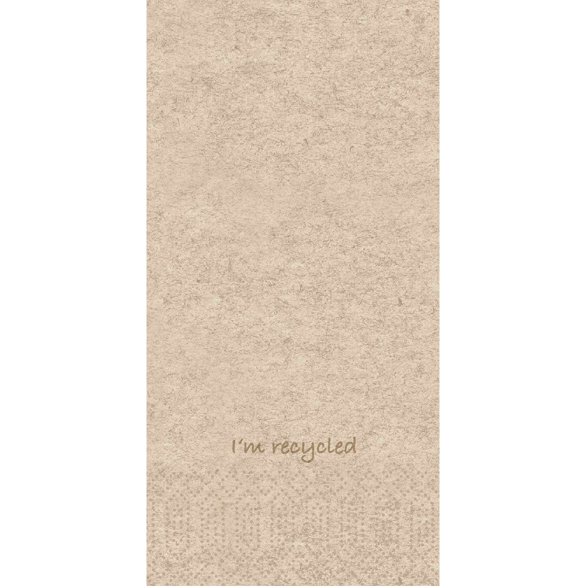 Eine 40 cm lange, 2-lagige Zellstoff-Serviette der Duni GmbH mit dezenter Textur und dem Aufdruck "I'm recycled" im unteren Bereich - ideal für den umweltfreundlichen Gebrauch oder als Teil der Recycled 300P Packung (300 Servietten), 1/8-Falz.