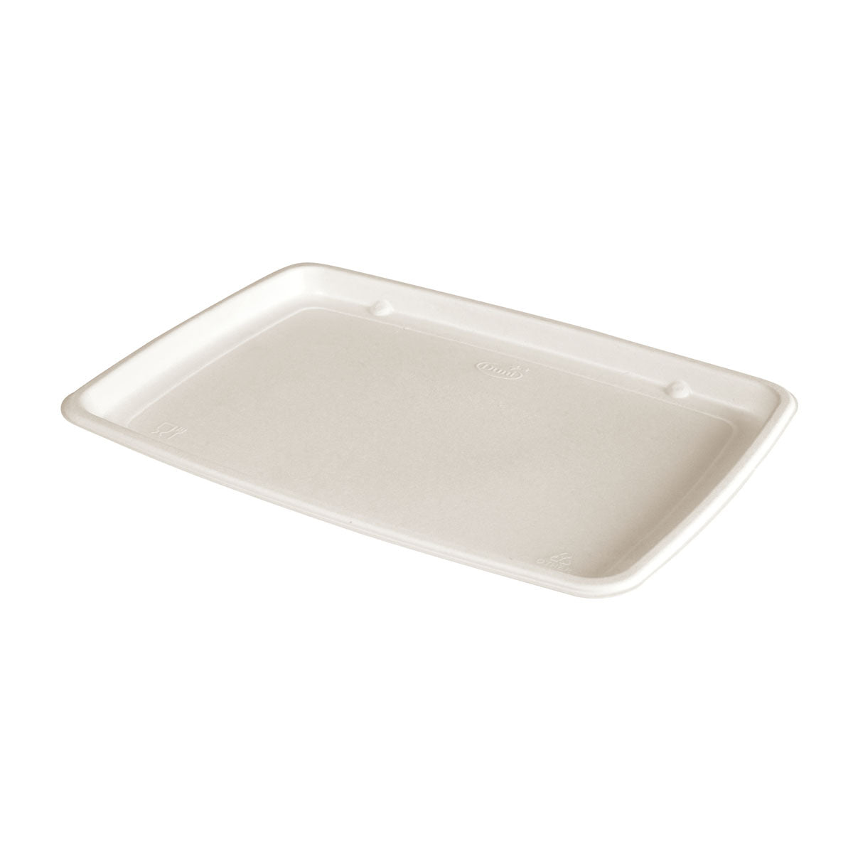 Um prato retangular de servir pequeno e castanho da Duni GmbH (Castanho Bagasse, 285x203x15mm), não revestido e ecológico, é mostrado sobre um fundo branco simples. Ideal para servir de forma sustentável; a embalagem contém 60 peças.
