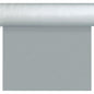 Eine Rolle Dunisilk Tete a Tete 0,4x24m silber von Duni GmbH liegt teilweise ausgerollt mit glatter Oberfläche - ideal für elegante Tischdekoration. Die hochwertige Tischdecke (Packung 1 Stück) wird oben im Bild präsentiert.