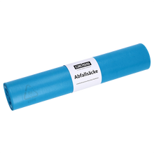 Eine Rolle DEISS 20770 Müllsäcke von EMIL DEISS KG (GmbH + Co.), Größe 575x1000 mm, Typ 60 blau, Packung mit 25 Stück, hat ein weißes Etikett mit dem Aufdruck "DEISS 20770 Verpackungsbeutel" und "Abfallsäcke" auf einem sauberen weißen Hintergrund.