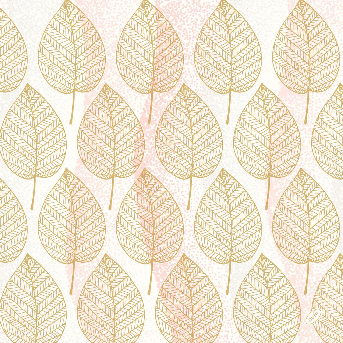 Um padrão contínuo de folhas com bordas douradas e veias detalhadas em acentos brancos e rosa adorna os guardanapos Bio-Dunisoft 40x40cm da Duni GmbH, criando um visual limpo e decorativo, ideal para uso ecológico.