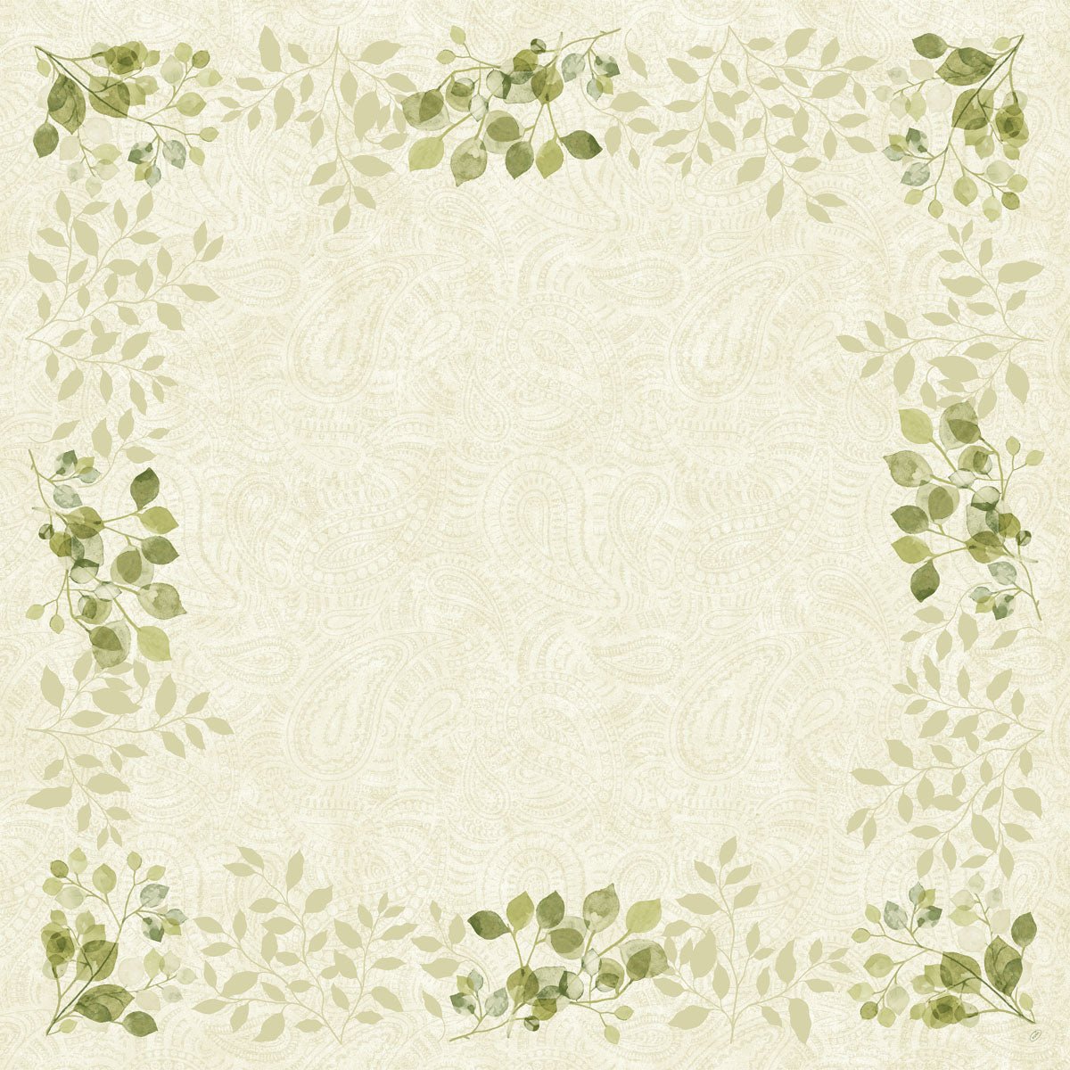 Um fundo begege claro com um padrão paisley discreto e folhas paisley verdes em cada canto lembra o charme ecológico da toalha de mesa Bio-Dunicel 84x84cm (20 unidades) da Duni GmbH, biodegradável e elegante para qualquer ambiente.