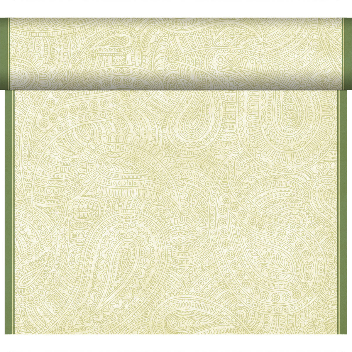 Eine Tapetenrolle mit einem hellgrünen und cremefarbenen Paisleymuster, umrandet von vertikalen grünen Kanten, ist ideal für die Kombination mit dem Duni GmbH Bio-Dunicel Tete-a-Tete Tischläufer 0,4x24m.