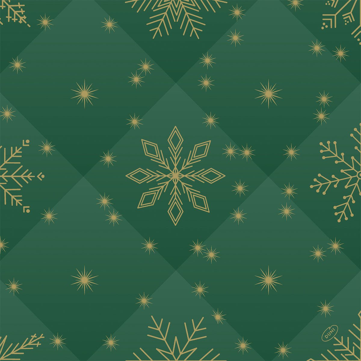 Um fundo verde acolchoado com flocos de neve e estrelas geométricas douradas, ideal para os guardanapos Bio-Dunisoft 40x40cm da Duni GmbH.