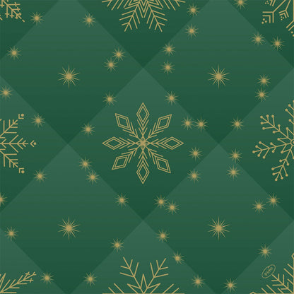 Um fundo verde acolchoado com flocos de neve e estrelas geométricas douradas, ideal para os guardanapos Bio-Dunisoft 40x40cm da Duni GmbH.