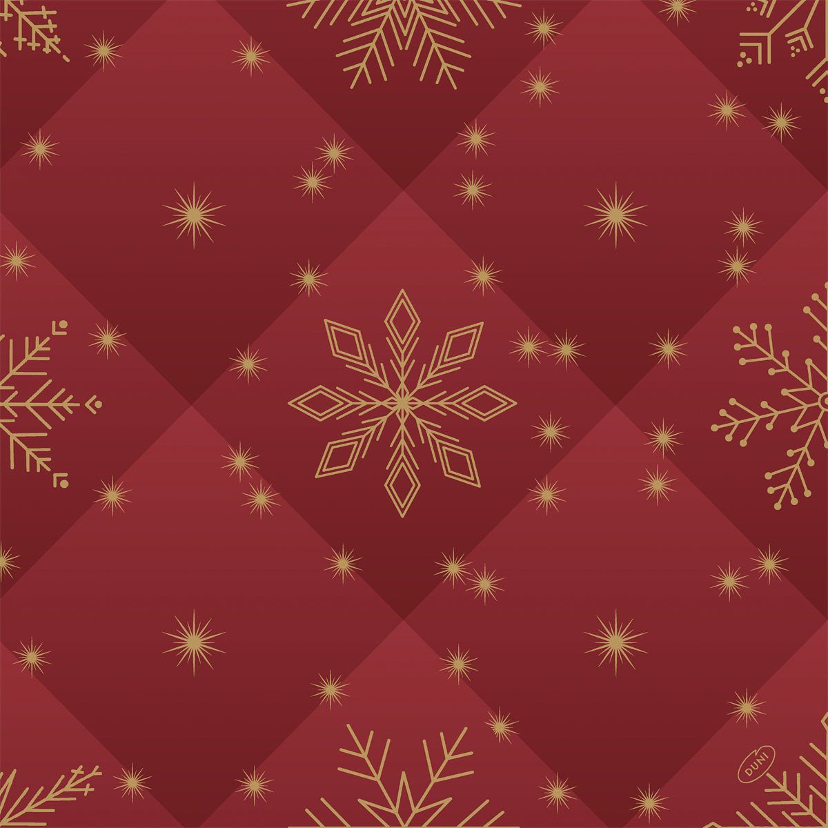 Fundo vermelho acolchoado com flocos de neve dourados e estrelas brilhantes que refletem a elegância festiva dos guardanapos Bio-Dunisoft 40x40cm da Duni GmbH - guardanapos ecológicos para qualquer ocasião especial.