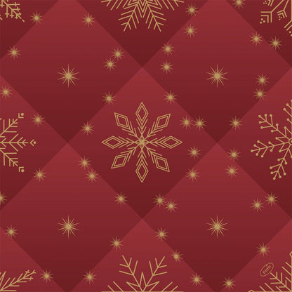 Fundo vermelho acolchoado com flocos de neve dourados e estrelas brilhantes que refletem a elegância festiva dos guardanapos Bio-Dunisoft 40x40cm da Duni GmbH - guardanapos ecológicos para qualquer ocasião especial.