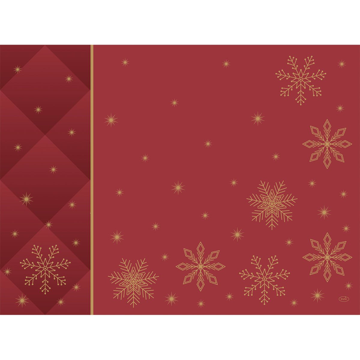 Um fundo vermelho com flocos de neve com bordas douradas e pequenas estrelas douradas, bem como um padrão de losangos castanhos na parte esquerda, proporcionam um visual elegante - ideal para a apresentação dos conjuntos Bio-Dunicel da Duni GmbH 30x40 Rhombus bordeaux (100 peças).