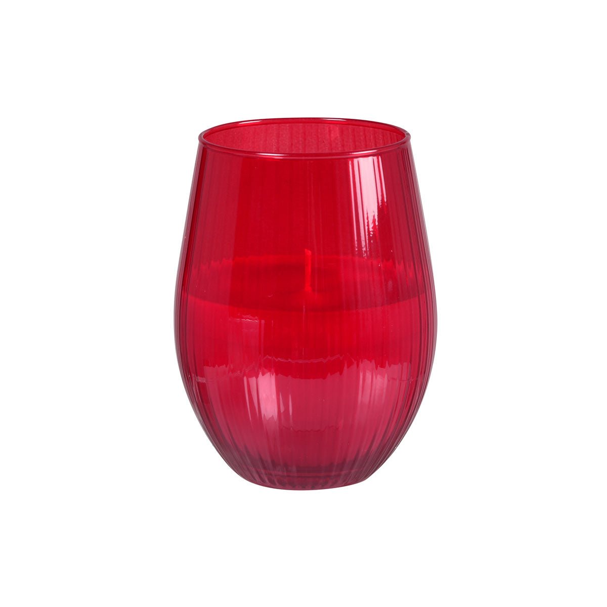 O copo de vela Ritz da Duni GmbH é um copo vermelho com nervuras (12,5 cm, Ø76 mm), ideal como decoração de mesa elegante. Tem uma forma redonda e é ilustrado com uma vela correspondente sobre um fundo branco. A embalagem contém 1 peça.