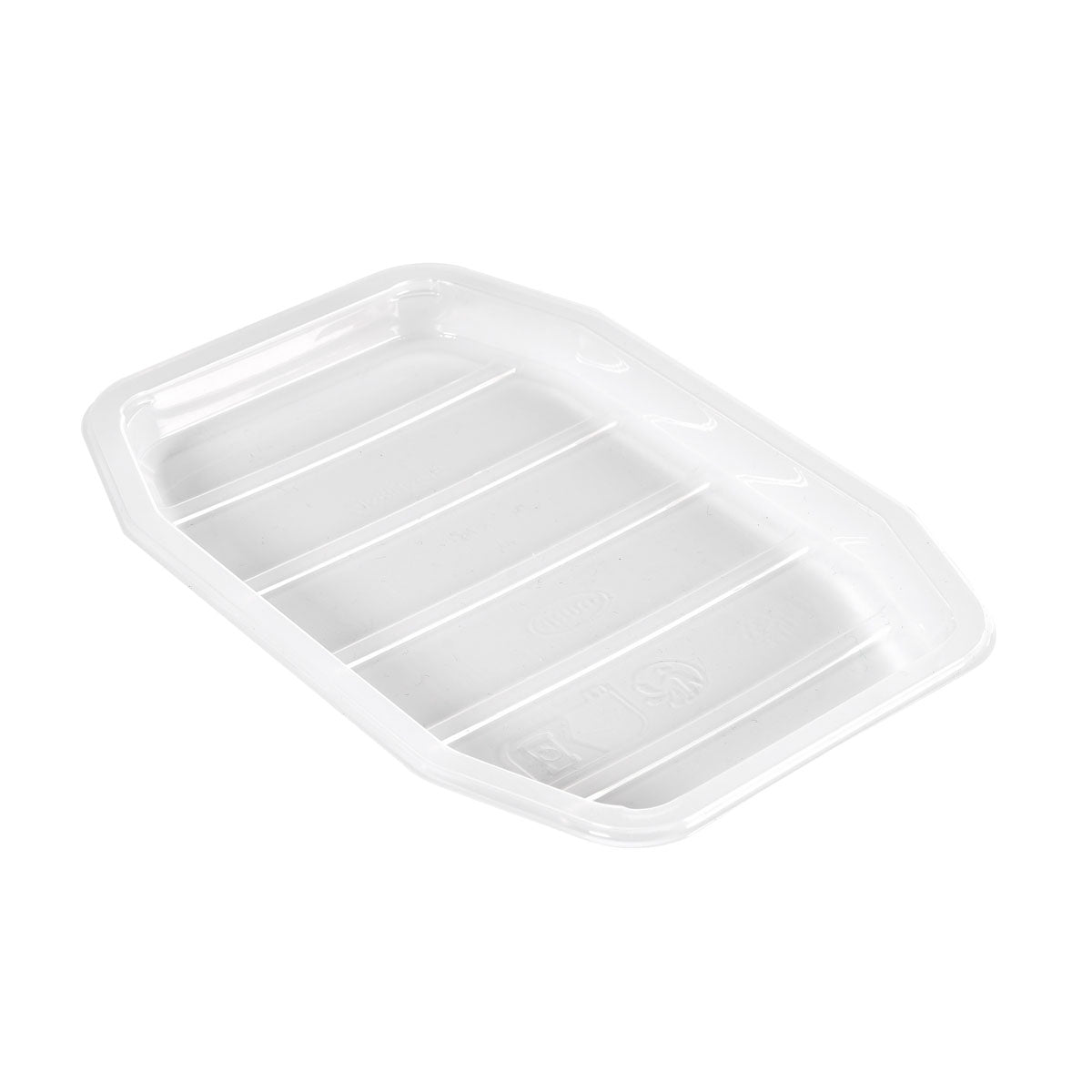 Uma tigela de alimentos HMR de PP retangular e clara de 370ml (215x148x17mm) da Duni GmbH com bordas elevadas e ranhuras horizontais no fundo, fotografada sobre fundo branco. Versátil para servir ou armazenar diversos alimentos. Caixa (1 pacote).