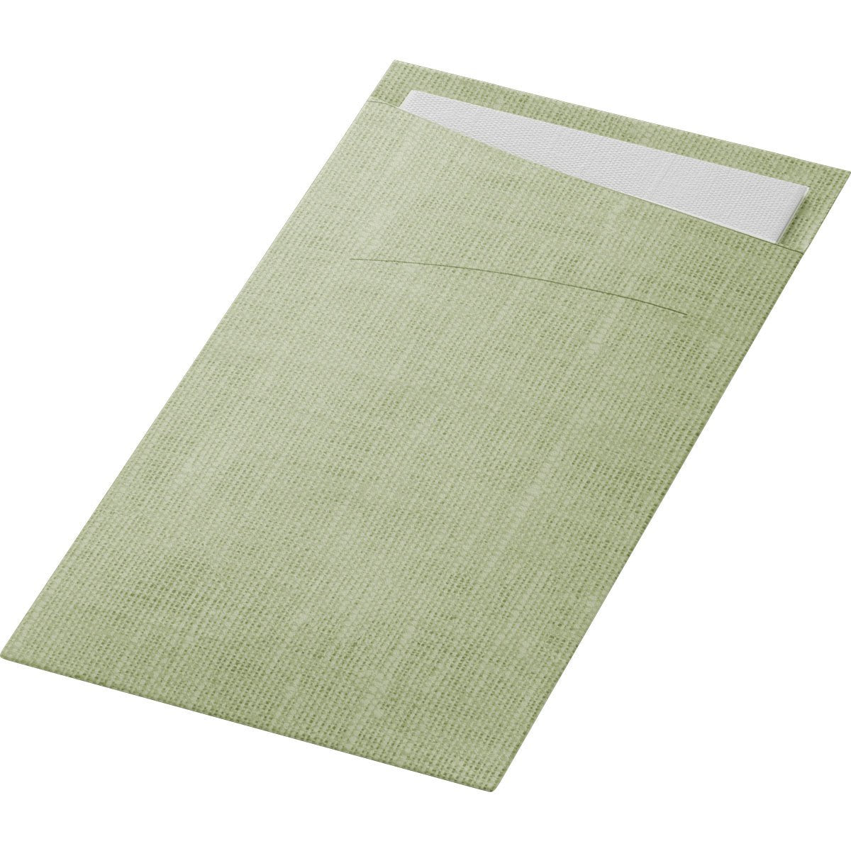 O SACCHETTO Bio D-Soft da Duni GmbH é um guardanapo retangular, verde claro e texturizado, com um bolso que acomoda um guardanapo branco. Feito de material ecológico, serve como uma bolsa ecológica para sustentabilidade adicional.