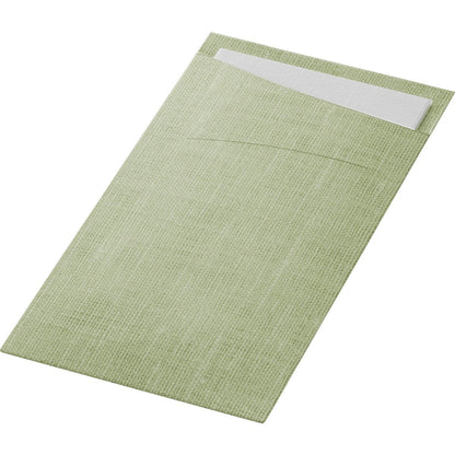 O SACCHETTO Bio D-Soft da Duni GmbH é um guardanapo retangular, verde claro e texturizado, com um bolso que acomoda um guardanapo branco. Feito de material ecológico, serve como uma bolsa ecológica para sustentabilidade adicional.