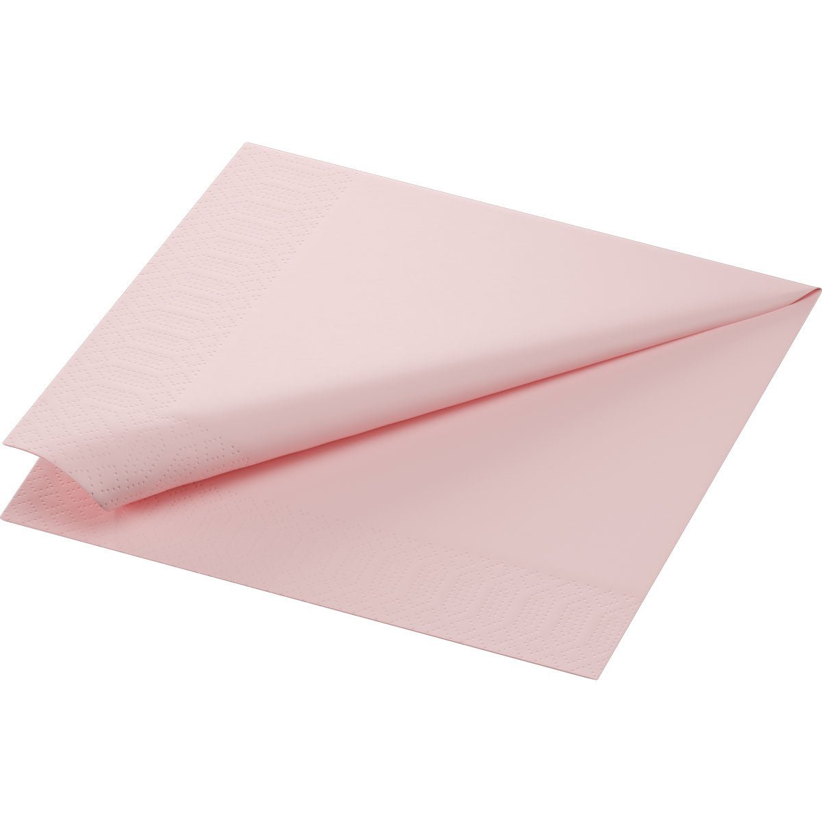 Um guardanapo de papel de 33x33 cm, 3 camadas, 1/4 rosa claro da Duni GmbH (pacote de 50 unidades) é mostrado parcialmente dobrado sobre um fundo branco, destacando a cor rosa claro e o padrão em relevo discreto na borda.