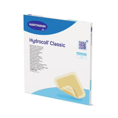 Uma caixa branco-azul com a inscrição "Hartmann Hydrocoll Classic Curativo estéril, selado individualmente" da Paul Hartmann AG, 20 cm x 20 cm, 5 unidades, para tratamento de feridas úmidas com imagem de curativo bege no canto inferior direito da embalagem.