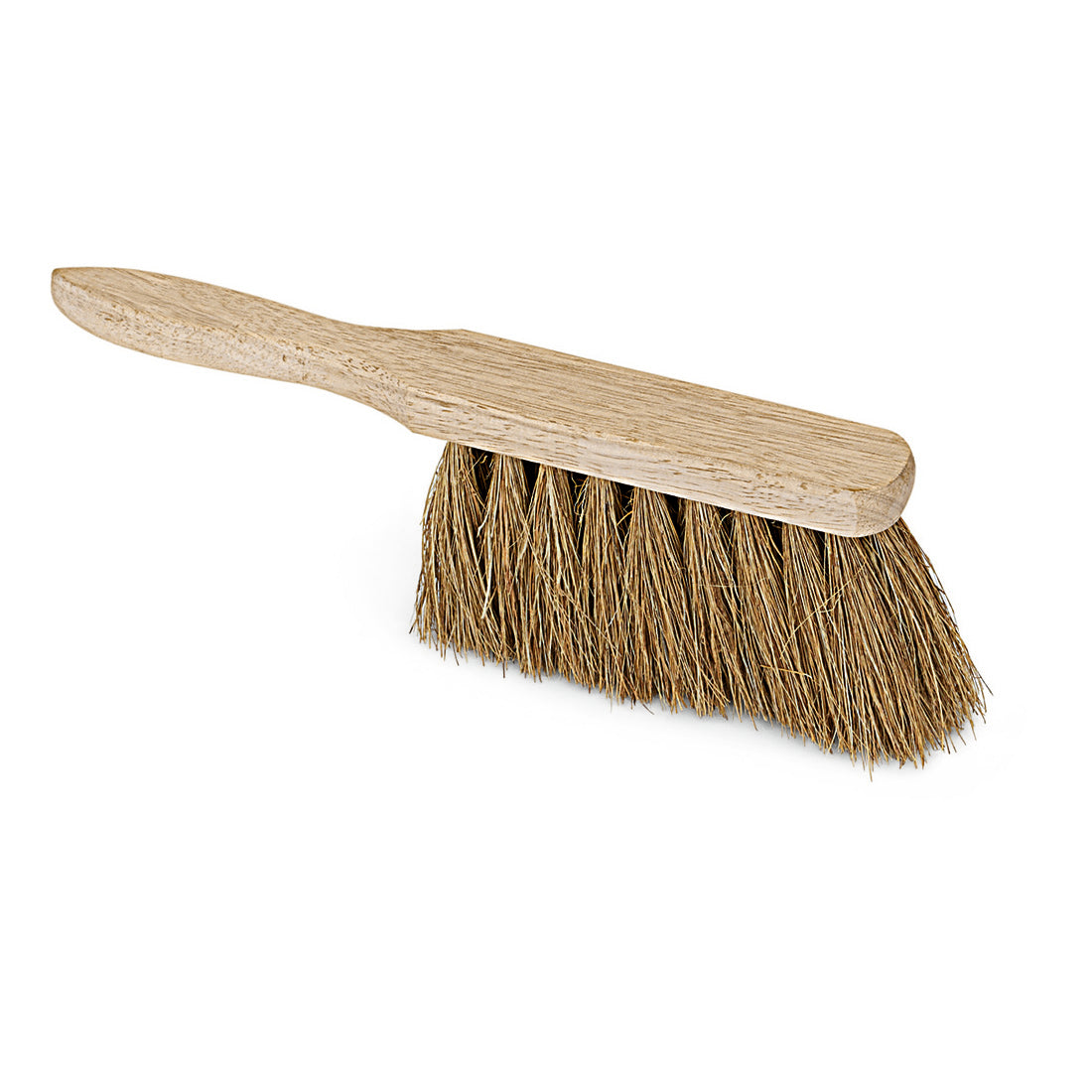 Die Nölle Profi-Bürste Industriehandfeger, 28 cm Natur-Kokos, hat einen hellen Holzstiel und steife braune, nach unten abgewinkelte Borsten - ideal für die industrielle Reinigung. Abgebildet ist 1 Stück von Nölle Profi Brush Bürsten- & Pinseltechnik e.K. auf weißem Grund.