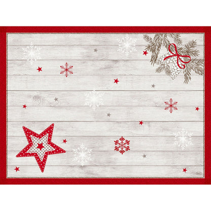 O conjunto Dunicel 30x40 da Duni GmbH é um conjunto de mesa descartável retangular com aparência de madeira branca com estrelas vermelhas e brancas, flocos de neve, pinhas com laço vermelho e verde e borda vermelha como destaque.
