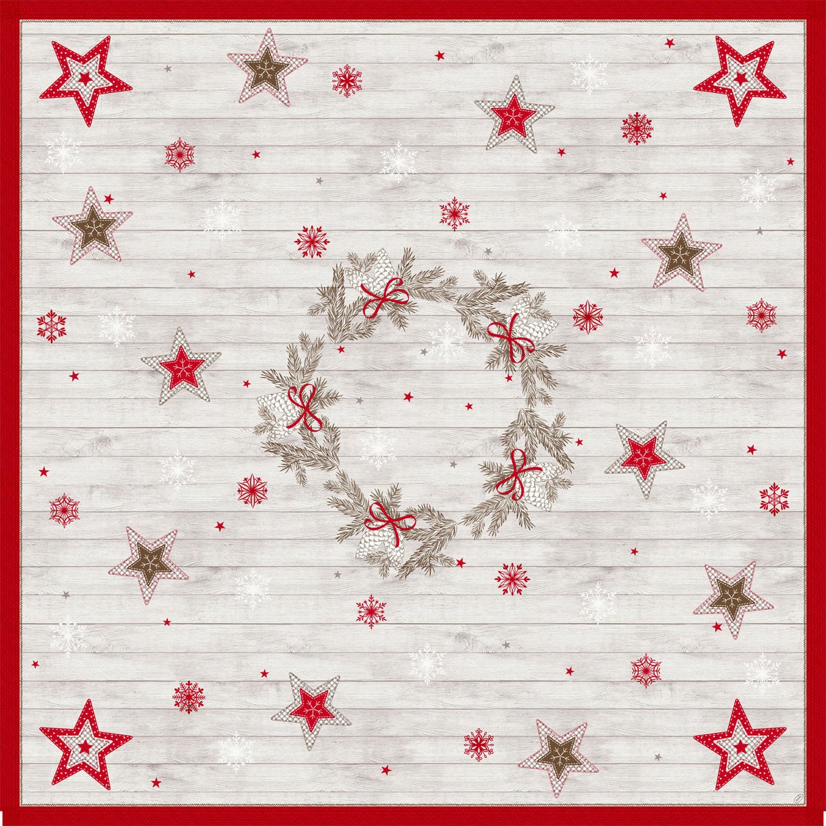 A toalha de mesa Dunicel 84x84cm Cozy Winter da Duni GmbH apresenta uma coroa de ramos e laços vermelhos, com estrelas vermelhas e bege e flocos de neve sobre um fundo de madeira clara. Decoração ideal para as festas, disponível em embalagens de 20 unidades.