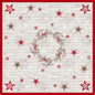 A toalha de mesa Dunicel 84x84cm Cozy Winter da Duni GmbH apresenta uma coroa de ramos e laços vermelhos, com estrelas vermelhas e bege e flocos de neve sobre um fundo de madeira clara. Decoração ideal para as festas, disponível em embalagens de 20 unidades.