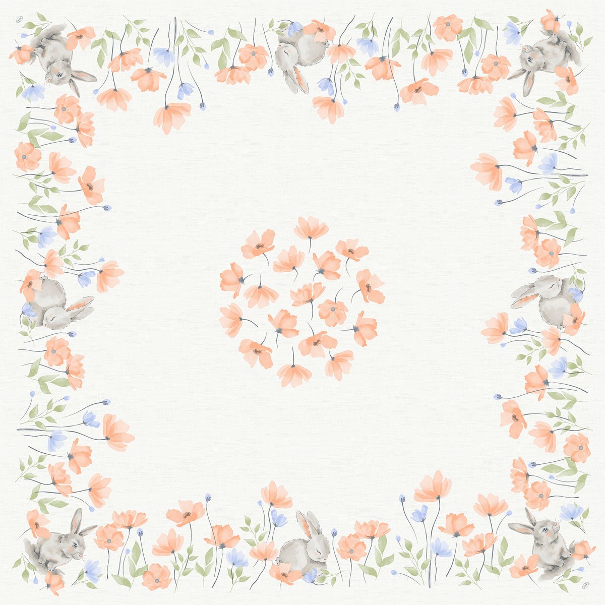 Esta toalha de mesa branca Bio-Dunicel-Mitteld.84x84 Bunny Bloom da Duni GmbH apresenta flores aquarelas laranja e azul, folhas verdes e coelhos cinzentos nos cantos com uma coroa de flores no centro. Contém 20 guardanapos por pacote.