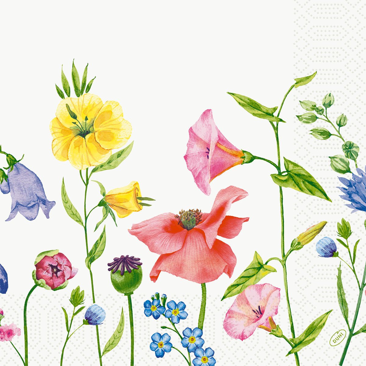 Guardanapos 40x40 cm 3-camadas Flowy Meadow da Duni GmbH: Guardanapos de papel decorativos com flores silvestres coloridas - flores amarelas, rosas, lilás e azuis sobre motivo de prado verde em fundo branco e borda de padrão discreta à direita. Embalagem (250 unidades).