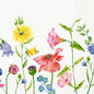 Guardanapos 40x40 cm 3-camadas Flowy Meadow da Duni GmbH: Guardanapos de papel decorativos com flores silvestres coloridas - flores amarelas, rosas, lilás e azuis sobre motivo de prado verde em fundo branco e borda de padrão discreta à direita. Embalagem (250 unidades).