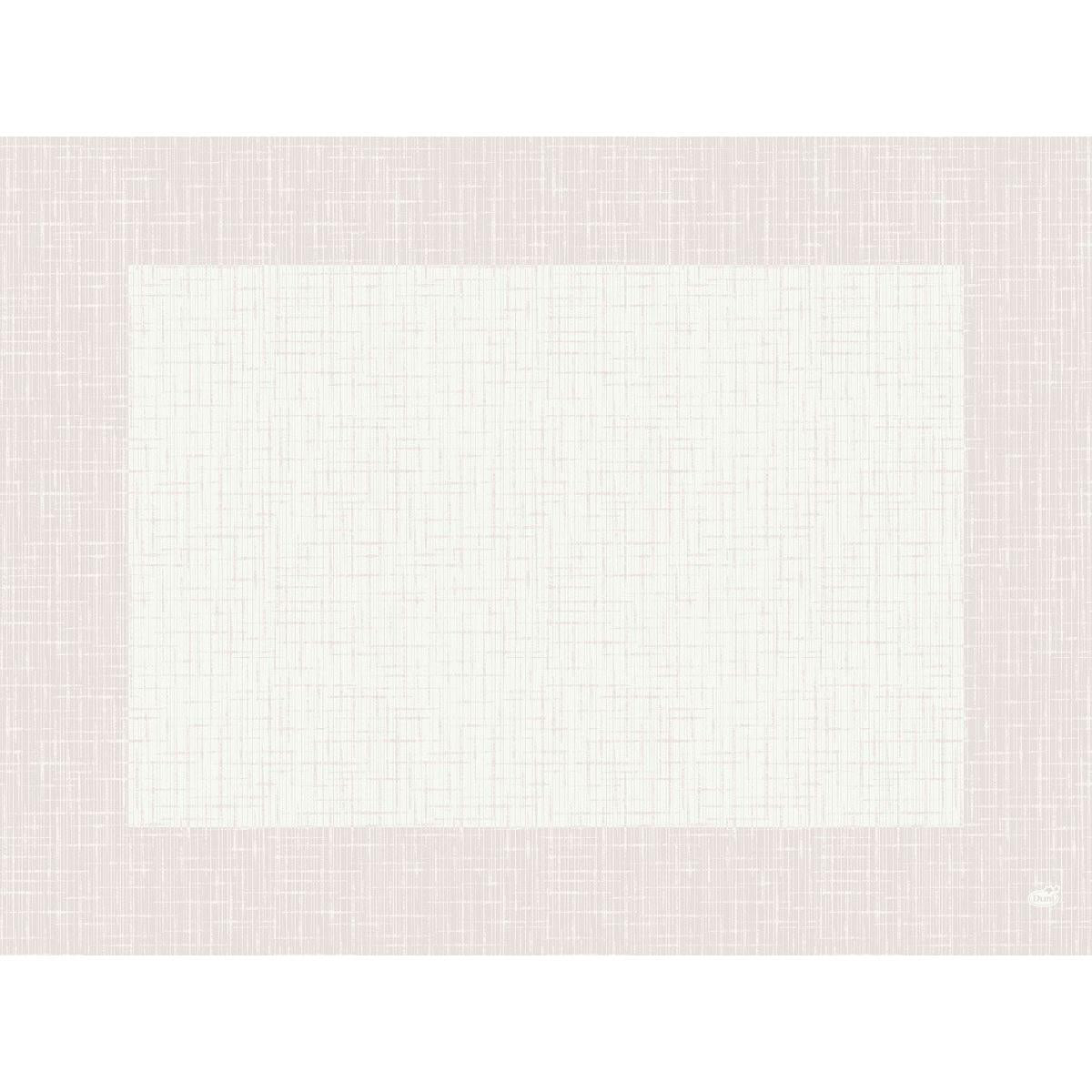 Uma imagem retangular com borda rosa claro e centro branco, ambos com um padrão de grade tecido, inspirada em uma decoração de mesa ecológica com os conjuntos Bio-Dunicel 30x40 Linnea branco-conjuntos de mesa de alta qualidade (100 peças) da Duni GmbH. Um pequeno logotipo branco está localizado no canto inferior direito.