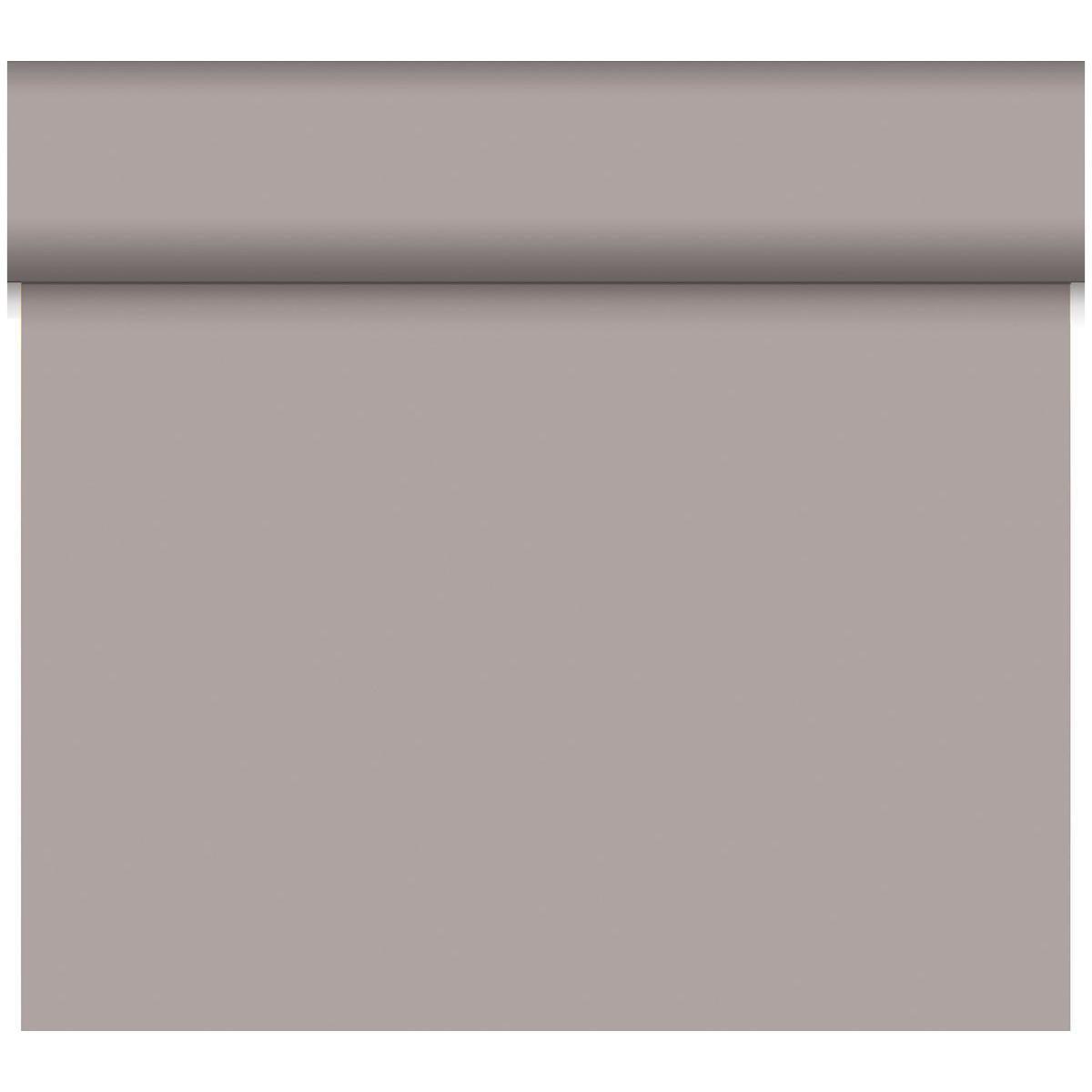 Eine teilweise abgerollte Rolle Bio-DC-Tete a Tete 0,4x24m von Duni GmbH zeigt eine glatte, hellgraue Oberfläche ohne sichtbare Muster oder Strukturen, die das einfache und minimalistische Design hervorhebt.