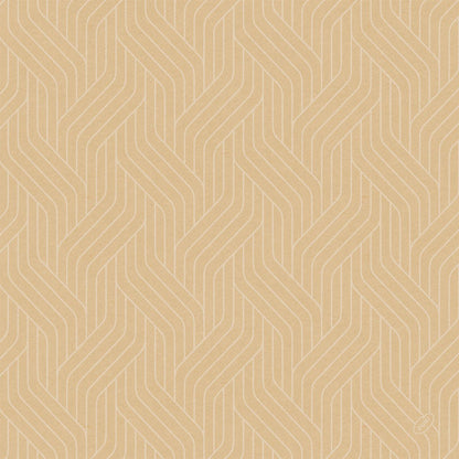 Fundo castanho-claro com linhas chevron brancas entrelaçadas e repetitivas e um pequeno logotipo circular no canto inferior direito, refletindo um design sustentável inspirado no guardanapo Bio-Dunisoft. 40x40cm da Duni GmbH.