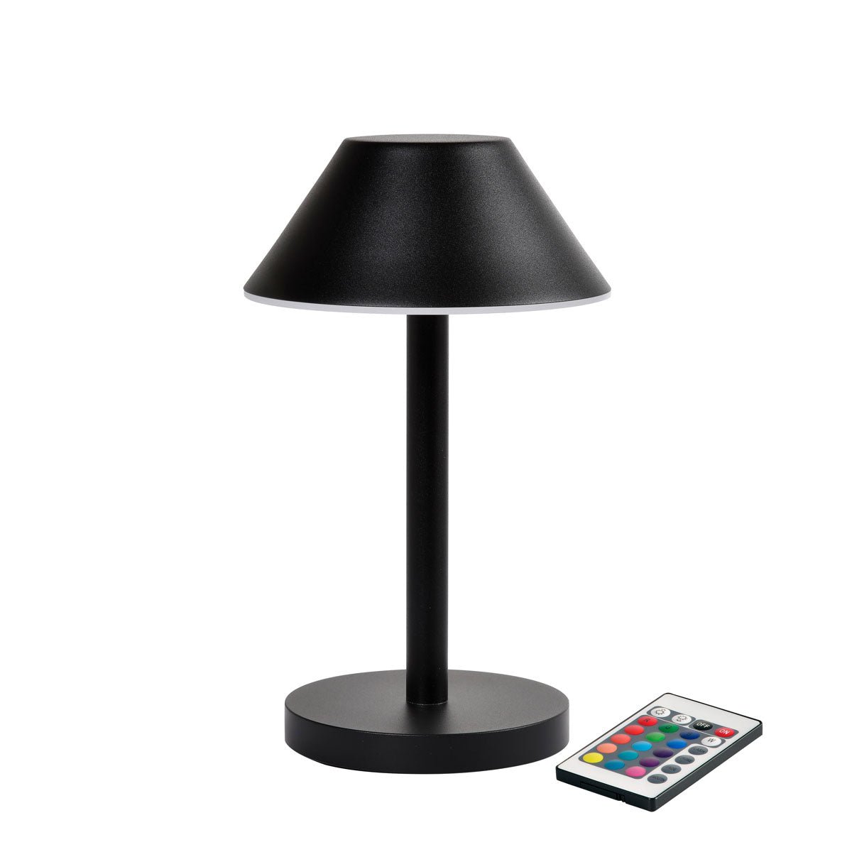 A lâmpada LED Zelda Midi da Duni GmbH em design moderno de grafite com base redonda e abajur cônico está ao lado de um controle remoto com botões coloridos - a solução de iluminação ideal e eficiente em termos de energia.