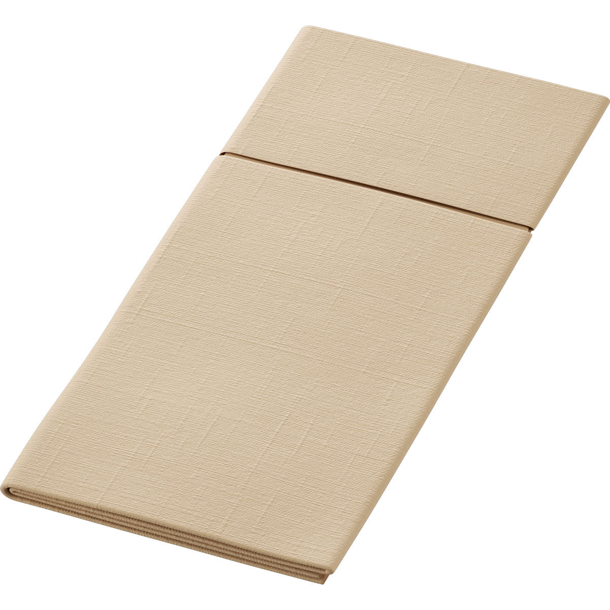 Uma toalha de mesa Bio-Duniletto-Slim 40x33 cm, de cor castanho natural, texturizada, retangular, da Duni GmbH com costura central, apresentada plana - ideal para combinar com guardanapos Slim biodegradáveis. A embalagem contém 65 unidades.